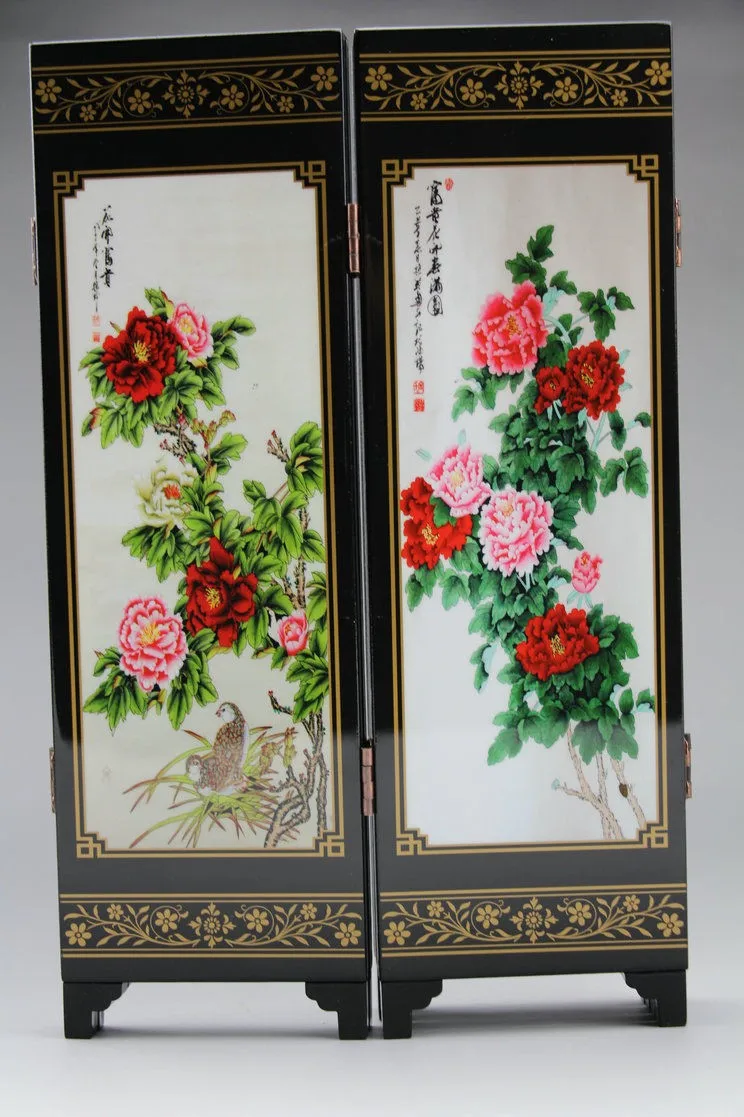 Chinese woodcarving screen lacquer peony flower calligraphy and painting decorative crafts room divider screen,wooden wall panels