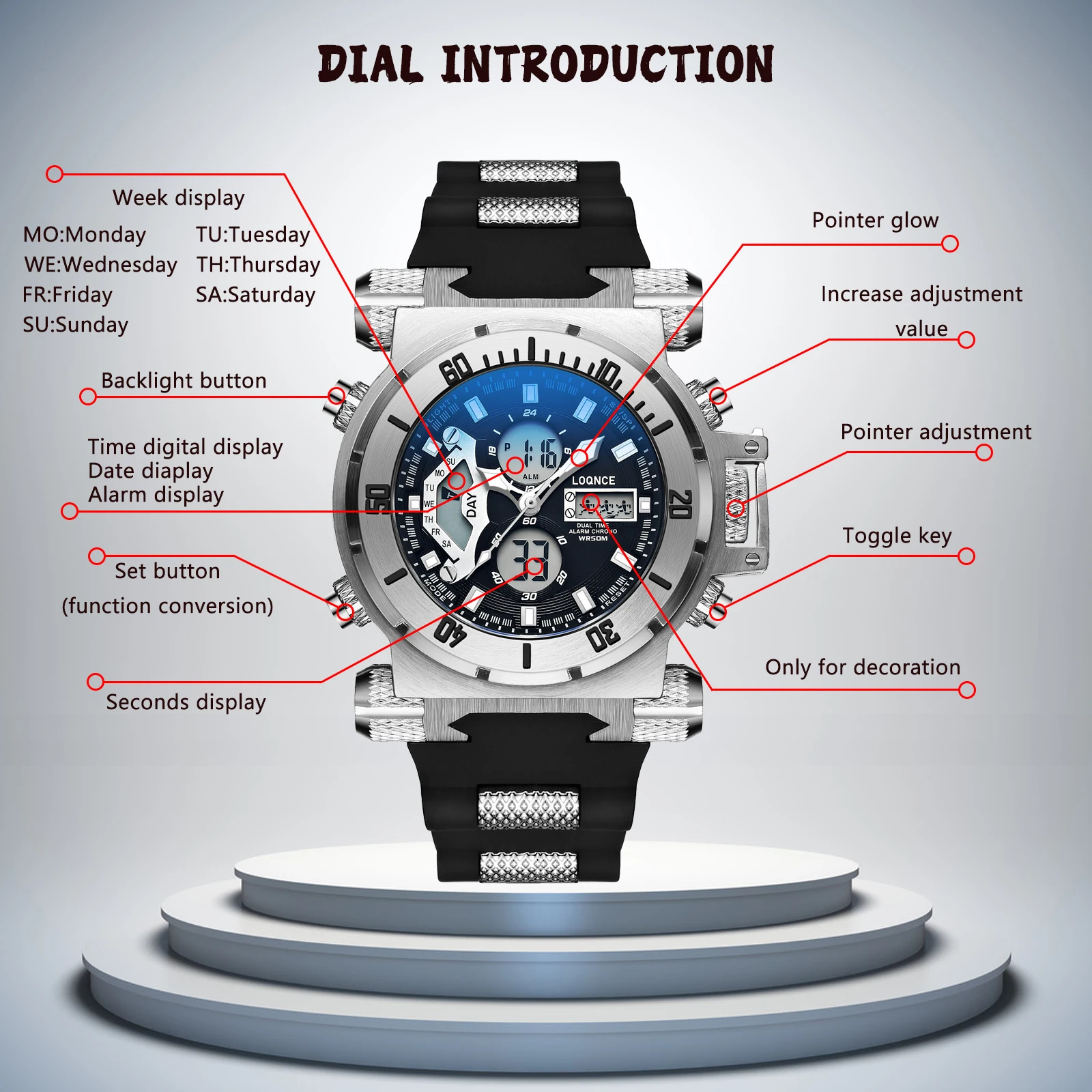LOQNCE S8022 New Men's Watch Quartz Electronic Dual Movement Alarm Clock Calendar Week Multifunctional Men's Waterproof Watches