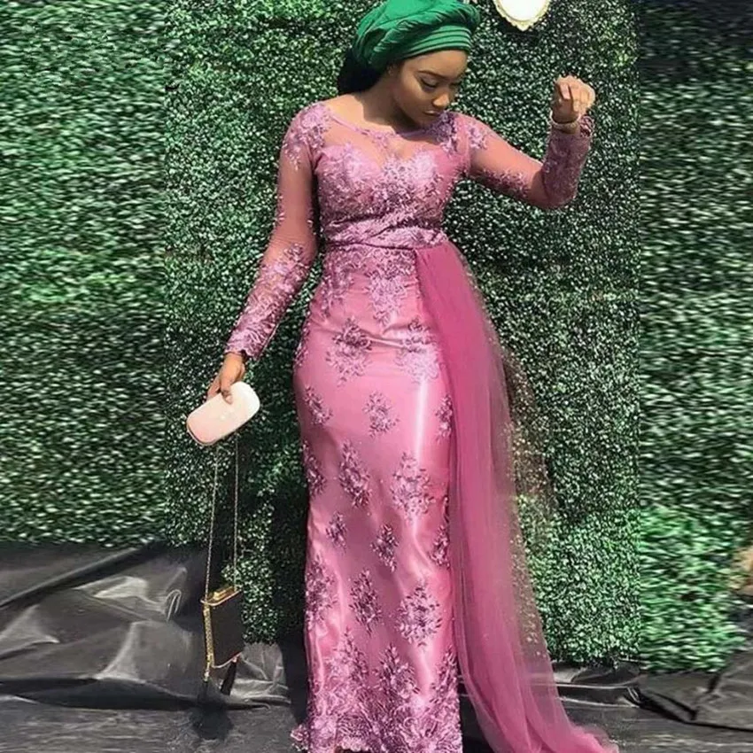 

2024 Aso Ebi Fuchsia Lace Mermaid Prom Dresses With Tulle Elegant Full Sleeves Long African Prom Gowns Appliques Party Dresses