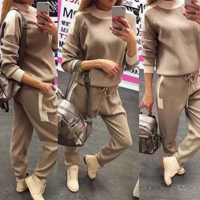 

2019 New Style Women Sweater Suits Casual Patchwork Tracksuits Crewneck Pullovers Femme Drawstrings Elastic Pants Two Piece Sets