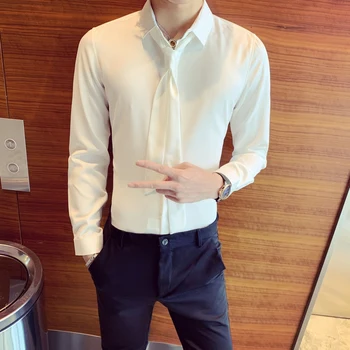 

White Shirt with Ties For Men 2020 New Solid Long Sleeve Mens Casual Shirts All Match Slim Fit Night Club Party/Prom Tuxedo 5XL