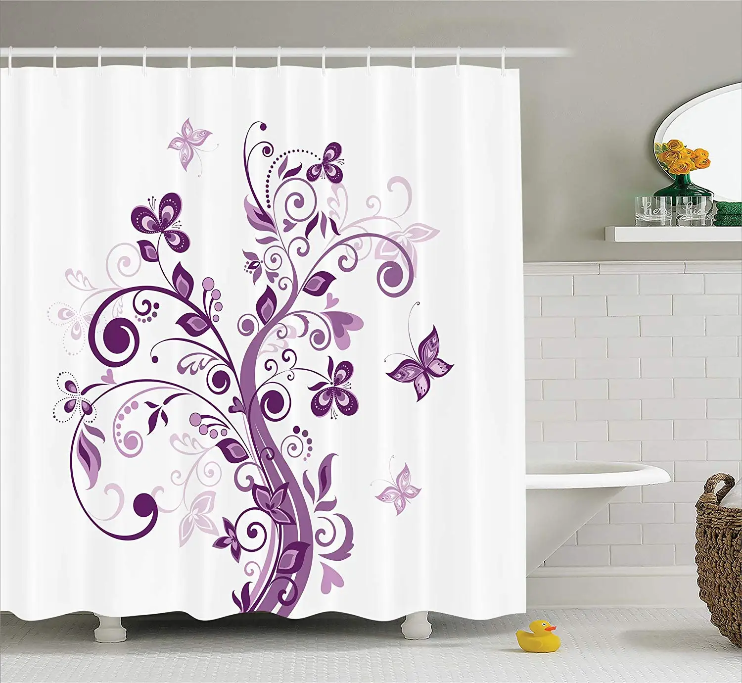 Mauve Decor Shower Curtain Tree with Swirled Branches and Flowers Leaf