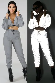 

Fashion Reflective Fluorescence Women Jackets 2 Piece Set Women Jogger Femme Crop Top Pants Reflective Outfits Track Suit