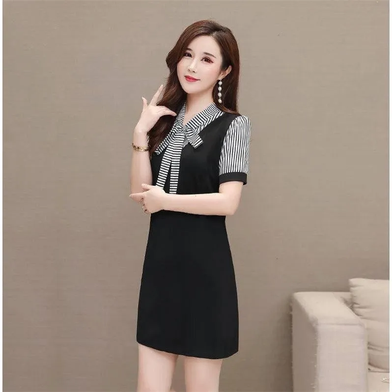 

2019 Summer New Style Mid-length Dress Stripes Joint Mock Two-Piece Large Size Short-sleeved Top A- line Skirt Children