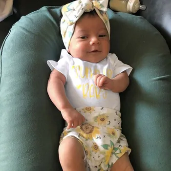 

Short Sleeve Letter Romper Bodysuit Newborn Baby Girl Clothes Summer Chic Sunflower Shorts Hairband Toddler Boys Clothing Sets