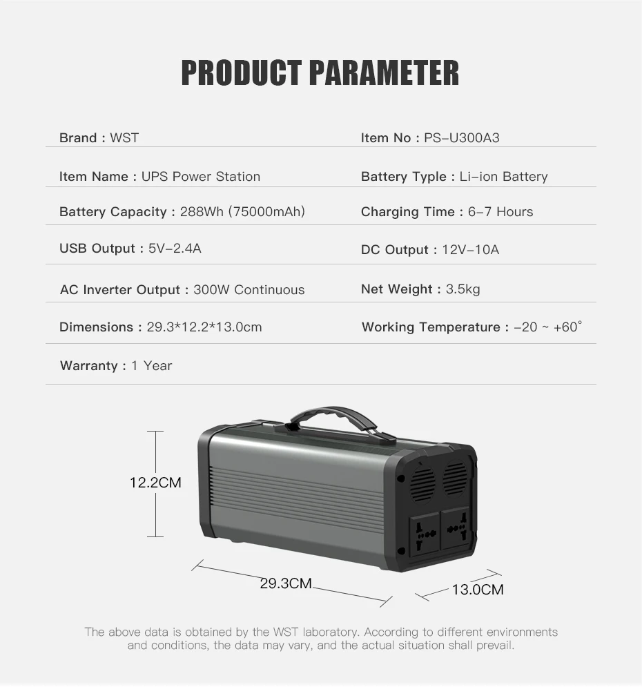 WST 75000mAh Portable Power Station Energy-Storage Back up Power Supply For Outdorr 300W Large Capacity Sine-Wave usb c power bank