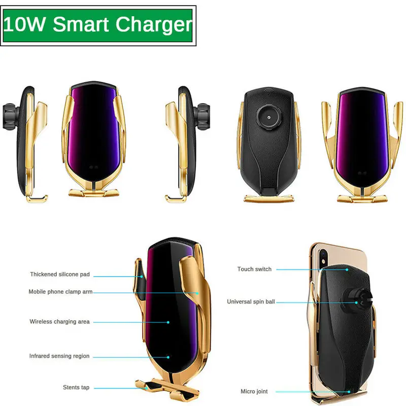 R1 10W автомобильное беспроводное зарядное устройство автоматический зажим держатель телефона для iPhone Xs huawei LG Инфракрасный индукционный Qi зарядное устройство держатель gps