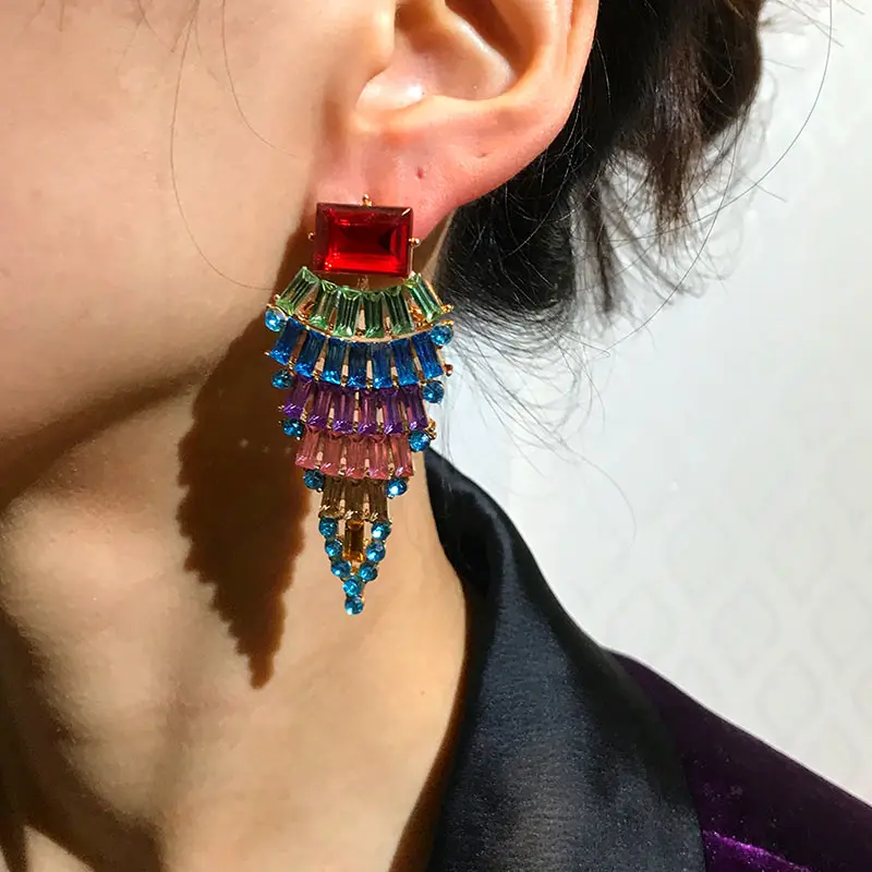 JJFOUCS Fashion Crystal Colorful Stud Earrings For Women Geometric Luxury Shiny Rhinestone Statement Wedding Jewelry | Украшения и