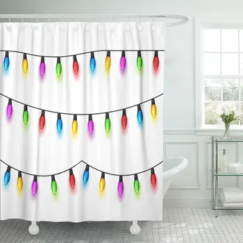 

Christmas Glowing Lights on White Garlands with Colored Bulbs Xmas Holidays Design New Year Winter Shower Curtain Waterproof