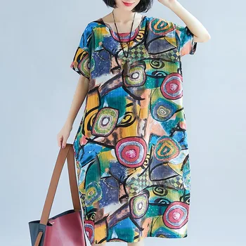 

Nice Pop Women Ink Floral Print Dress Short Sleeves Loose Vintage Dress For Summer Pop 88