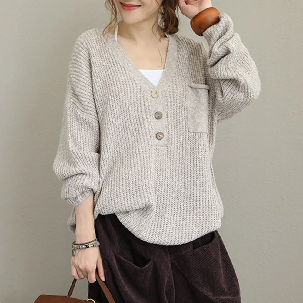 

Women Casual Loose Lazy Sweater Solid Color Japan Style Daily Knit Pullover Vintage V-neck OL Sweaters Streetwear Female Tops