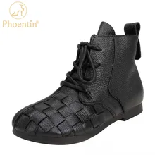 Phoentin – bottines de travail souples en cuir véritable pour femme, chaussures d'hiver rétro, à lacets, bout rond, plates, avec fermeture éclair, faites à la main, FT1777