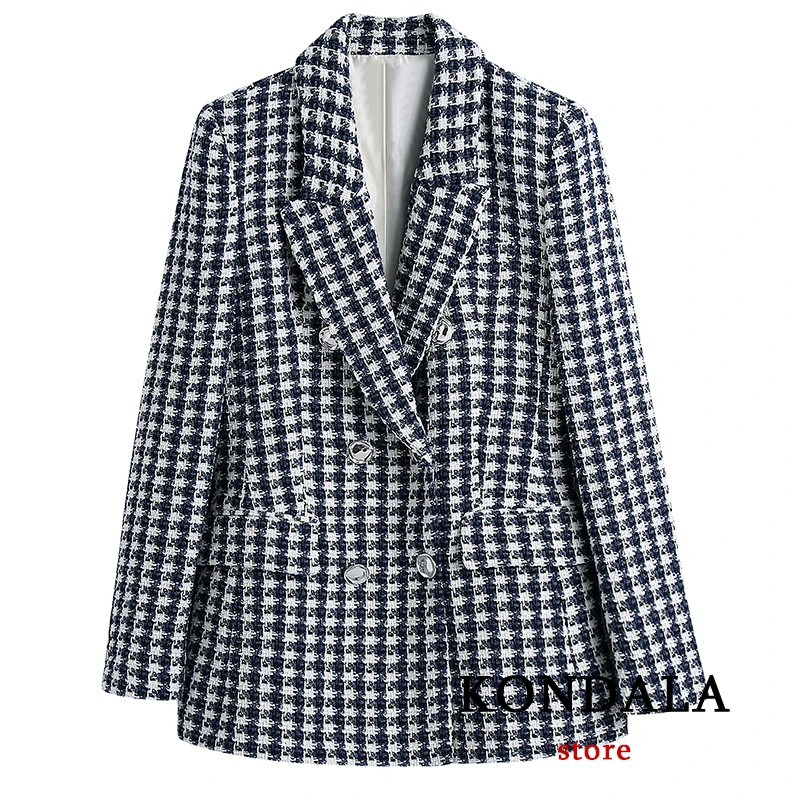 

KONDALA Za Fashion Women's Blazer Plaid Office Lady Pockets Oversized Long Jackets Women Vintage Loose Blazer Female Chic Tops