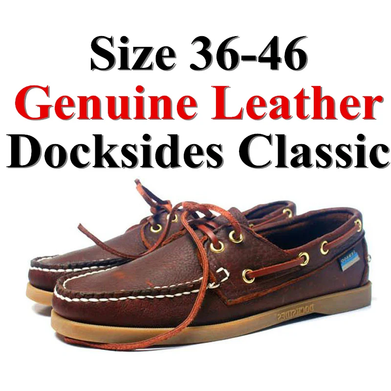 Men Women Genuine Leather Docksides Classic Boat Shoes,Man Homme Femme Red Brown Plus Size 36-46 Brand Flats Loafers 2019A088