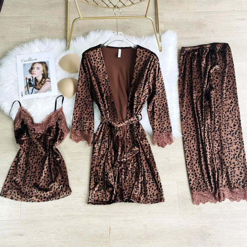 

Tulin Fashion Women Velour Pajamas Set Sexy Leopard 3PCS Sleepwear Trim Robe Suit Pijamas Suit Femme Loungewear Home Clothing