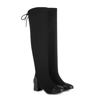 

2021 New Over The Knee Round Toe Lace Up Long Boots Square Heel Women Shoes Stretch PU Leahter + Flock Autumn Winter Boots