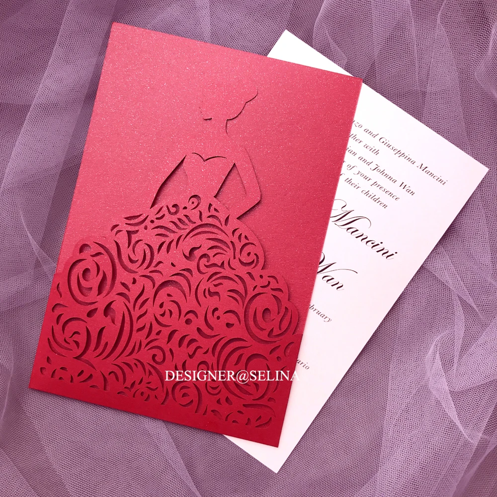 Красные переливающиеся свадебные приглашения с лазерной огранкой, 50 шт., индивидуальные Пригласительные открытки для свадебного душа, дня рождения, милые 15 приглашений