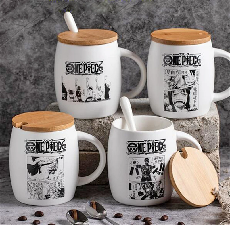 Anime ONE PIECE Coffee Mug Ceramic Skull Cartoon Mugs Cup Set Cup with Cover and Spoon Girls Boys Birthday Christmas Gifts