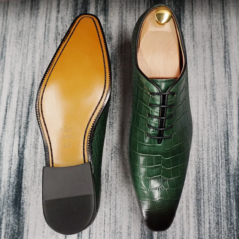 LUXURY MEN OXFORD SHOES GREEN BLACK CROCODILE PRINT LACE UP CASUAL MEN DRESS SHOES OFFICE WEDDING PARTY GENUINE LEATHER MAN SHOE