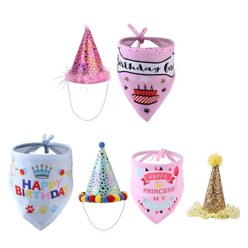 

3 Set Small Cats Dogs Pet Birthday Hat Scarf Colored Wool Ball Decoration Design for dog clothes