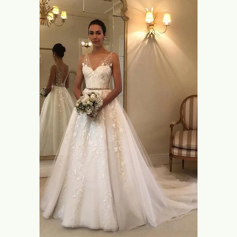 

Wholesale Elegant A Line Sleeveless Bridal Wedding Gowns Plunge V Neckline Appliqued Wedding Dresses for Bride Backless 2020