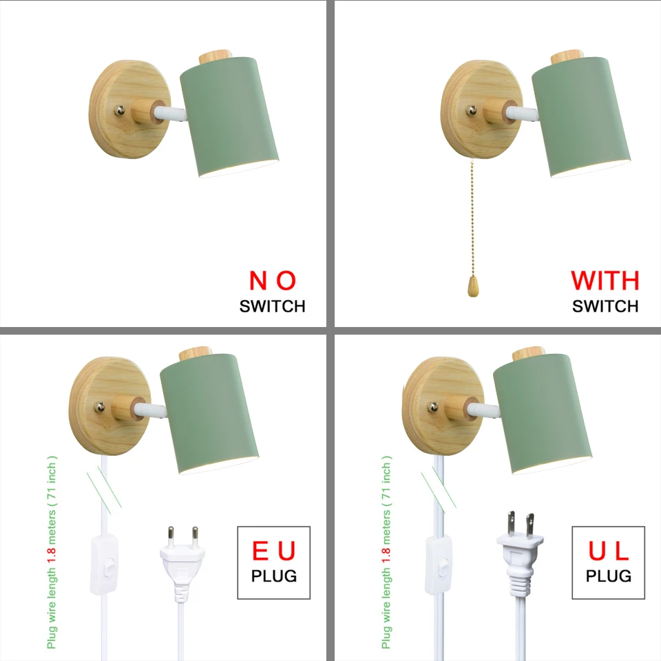 Nordic Indoor GU10 Wall lamp Wooden 6 Color With Zip switch EU/UL Plug Wall lights For home bedroom Living room Aisle Decorate