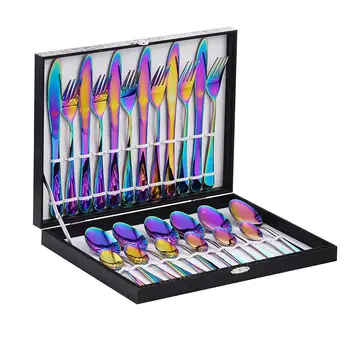 

Velaze 24-Piece Stainless Steel Mirror Polished Rainbow Colorful Flatware Set Silverware Dinner Spoon,Fork, Knife,Tea Spoon Set