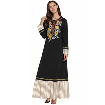 

Fashion Large Size Abaya Dubai Women's Black Stitching Embroidered Long-sleeved Round Neck Muslim Elegant Swing A Line Dresses