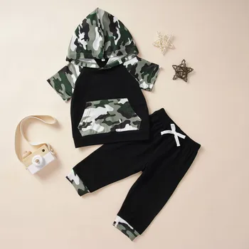 

6M-24M Baby Boy Summer Clothes Kids Girl Short Sleeve Camouflage Hoodie Sweater short sleeve Tops+Pants Outfit Set