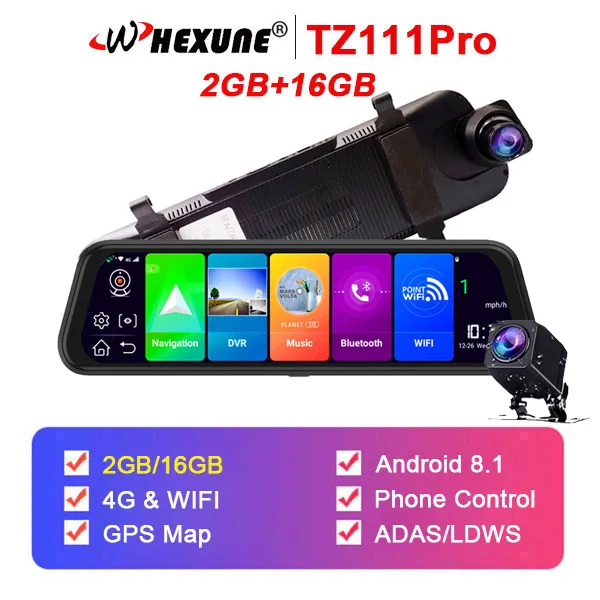 WHEXUNE, 4G, Android 8,1, зеркальный видеорегистратор, 2 Гб ОЗУ, 16 Гб ПЗУ, gps, Navi ADAS, Автомобильный видеорегистратор, зеркало заднего вида, 1080 P, видеорегистратор, видеокамера - Название цвета: 2GB 16GB