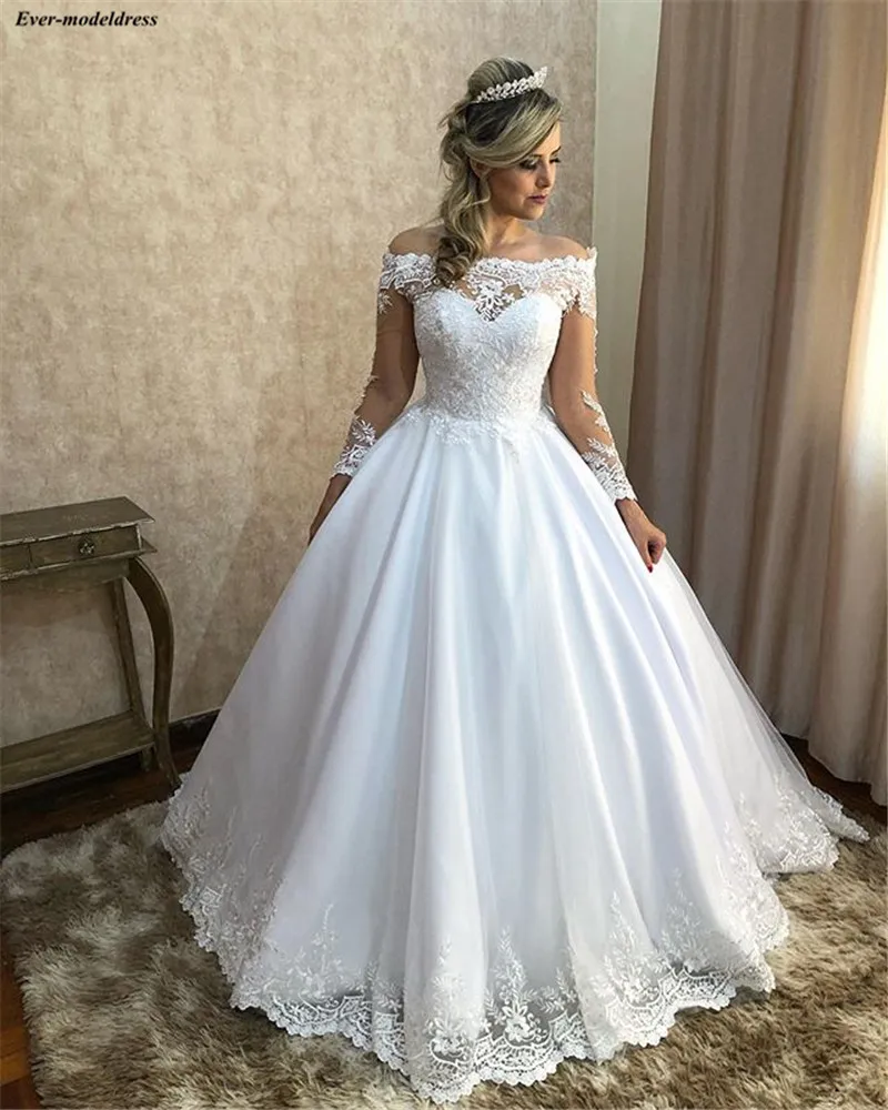 

Vestido De Noiva Long Sleeves Wedding Dresses Lace Appliques Off Shoulder Button Back Pincess Bridal Gowns Bride Dress
