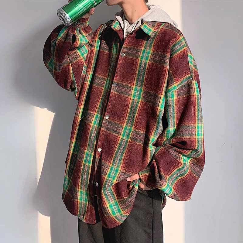 

2019 Men's Lattice Thickness Loose Coats Three-colour Shirt French Cuff Mens Fashion Hawaiian Shirts Camisa Social Masculina