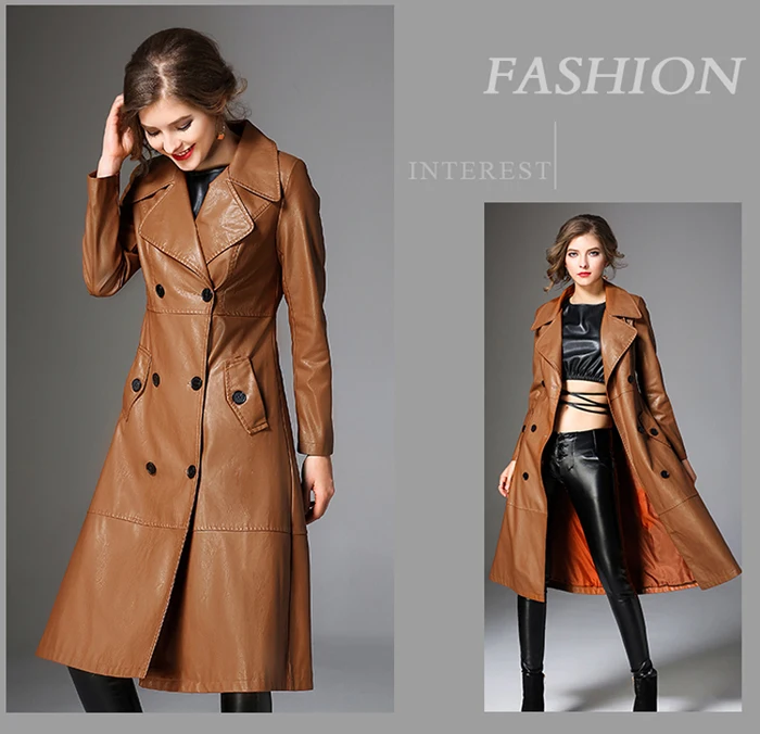 PU Long Leather Trench Coat Women 2019 New Autumn Winter Leather Trench Coat Slim Female Long Coats Plus Size M-3XL Outwear 4