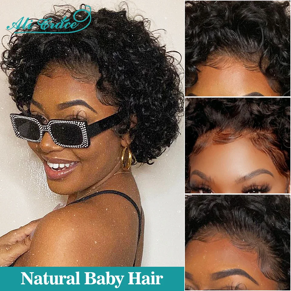 Human Hair Wig Lace Front Wig Human Hair Wigs Front Lace Wig 20CM Pixie Cut Blunt Bob Wig Brazilian Short Curly Hair Wigs Pre-plucked Pixie Cut Curly Wig 13x1 Transparent Lace Front Wigs