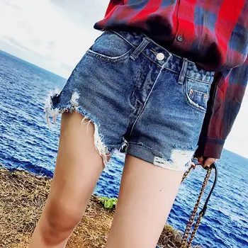 

Women Casual Summer Denim High-waist Slim Denim Cut Ribbed Shorts