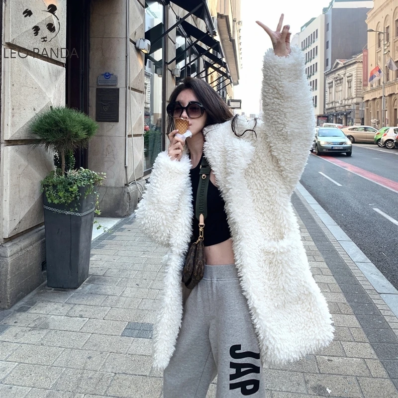 Пальто Тедди женское с лацканами из искусственного меха пальто длинным рукавом