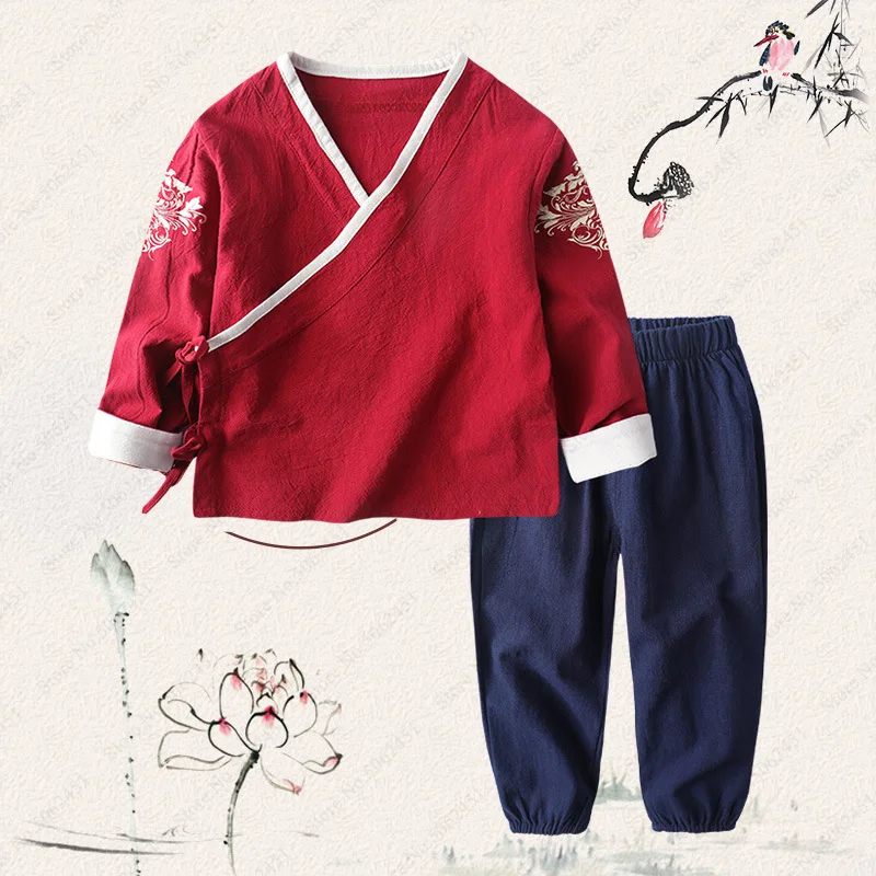 

Chinese Style Kids Cotton Linen Traditional Hanfu Wu Tang Suit Children Kung Fu Uniform Kimono Tops Pants Japanese Clothing Set