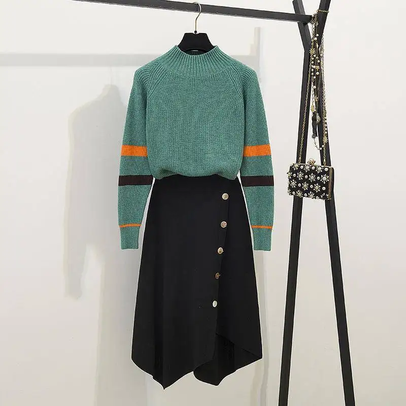 green sets Женский комплект из 2 предметов, элегантный повседневный комплект из двух предметов, корейский стиль, офисный женский свитер, комплект из 2 предметов с юбкой, теплая зимняя одежда - Цвет: green sets