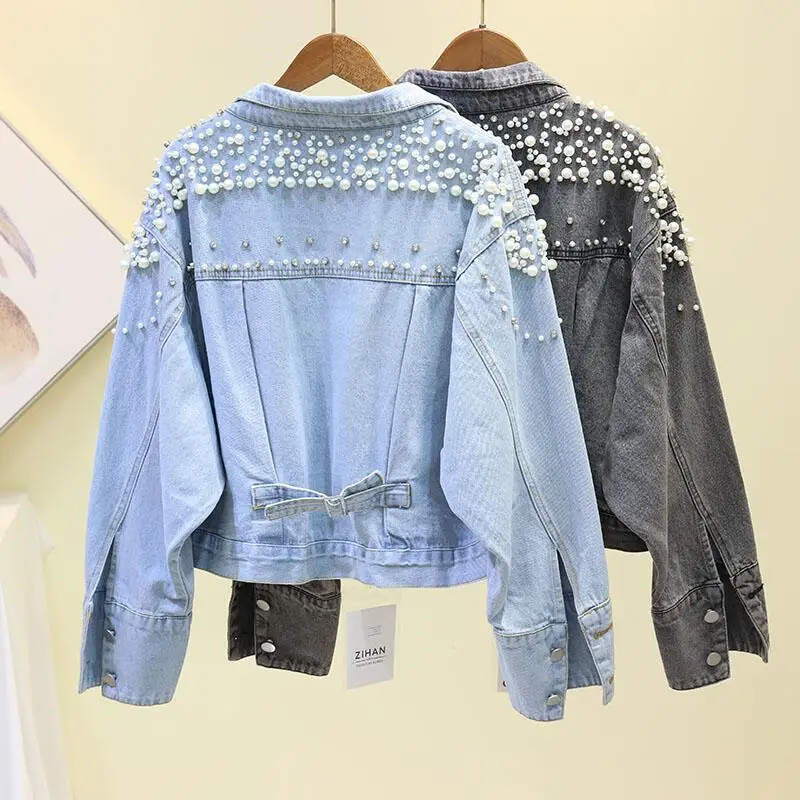 

Loose Denim Jacket Female Outerwear 2019 New Korean Version Of The Heavy Work Beaded Bat Sleeve Cowboy Coat Women Jackets