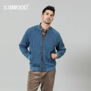 

Simwood 2019 autumn new stand collar bomber jacket men plaid raglan sleeve indigo vintage baseball jacket SI980588