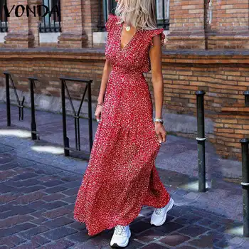 

VONDA 2020 Women Tank Dress Summer Sexy V Neck Sleeveless Vintage Leopard Printed Long Maxi Dresses Plus Size Bohemian Vestidos