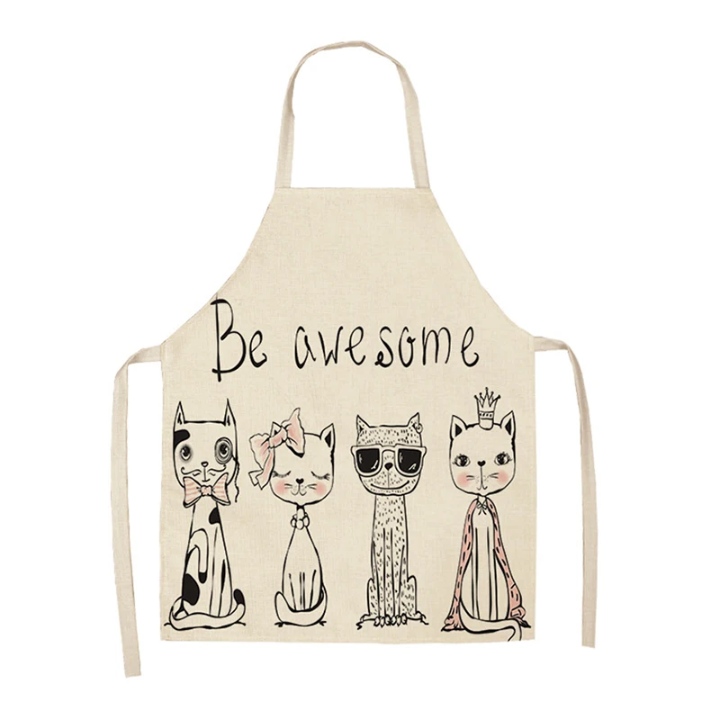 Anti-fouling 1Pcs Cotton Linen Sleeveless Cartoon Cat Printed Kitchen Apron Home Cleaning Tools for Men Women S/L