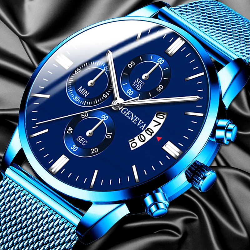 2021 Men's Fashion Business Calendar Watches Men Luxury Blue Stainless Steel Mesh Belt Analog Quartz Watch relogio masculino 1