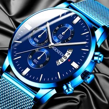 Reloj analógico de cuarzo con correa de malla de acero inoxidable para hombre, cronógrafo con calendario de negocios a la moda, color azul, de lujo, 2021