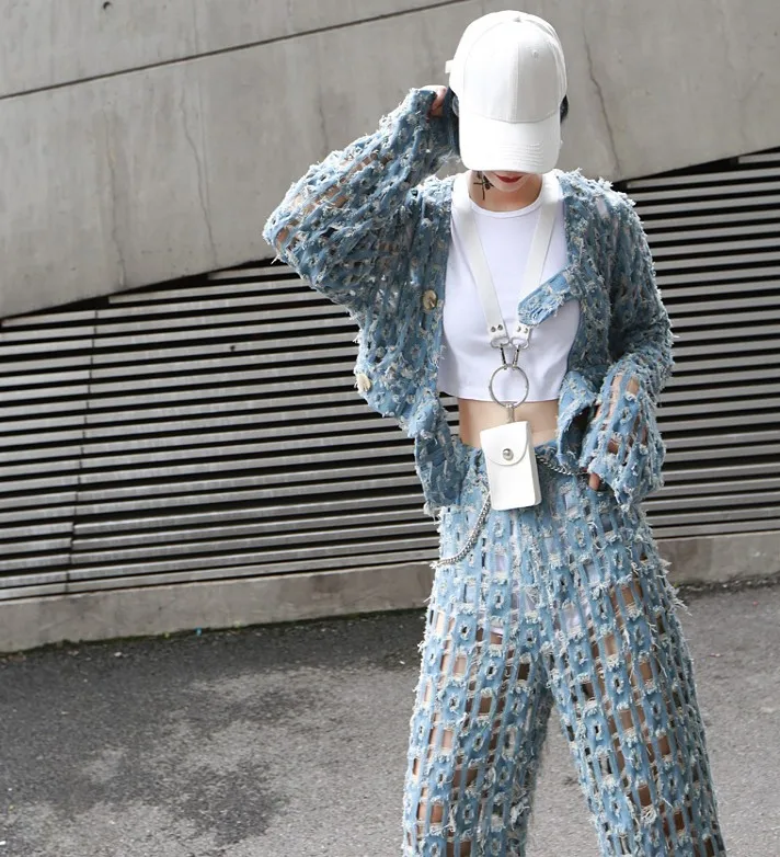 Streetwear Wide Leg Pants for Women High Waist Ripped Hole Denim Trousers Female Personality Jeans Pants Long Trousers