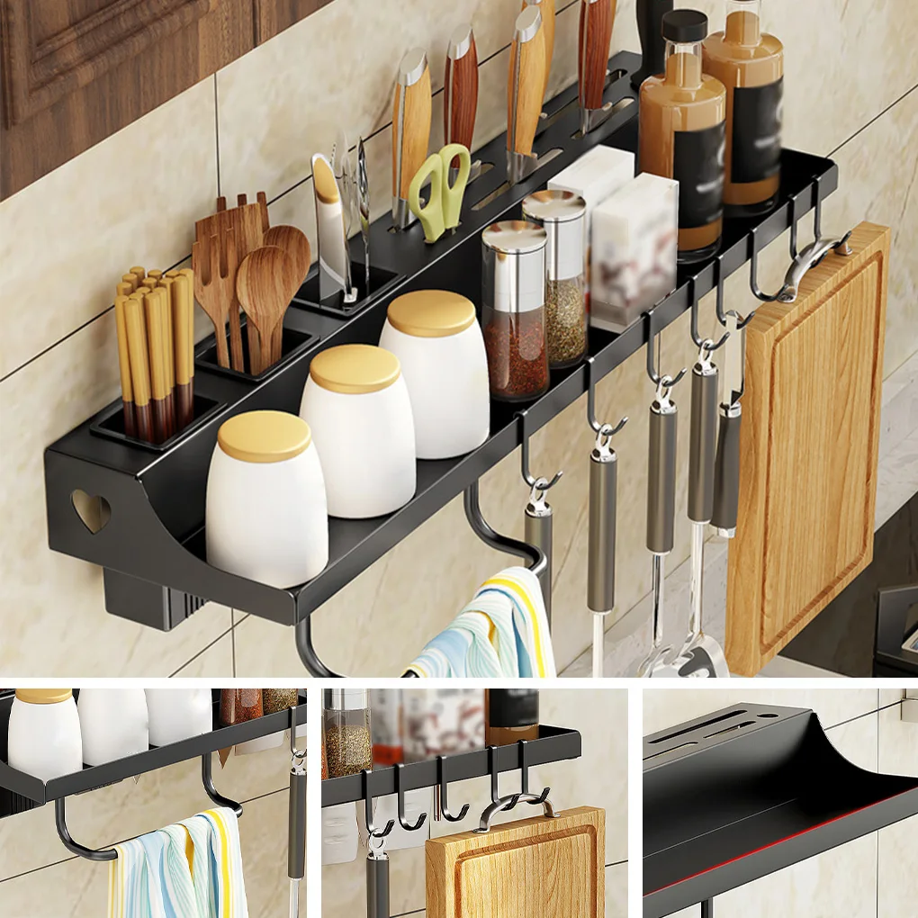 Wall Mounted Seasoning Rack Organizer Kitchen Bathroom 304 Stainless Steel Spice Shelf Shower with 8 Hooks Bottle Holder | Дом и сад
