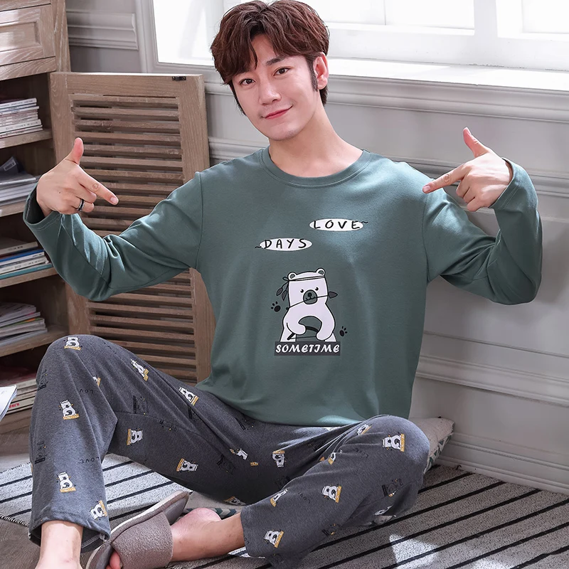 men pajama set Осенне-зимняя Трикотажная хлопковая Мужская пижама с героями мультфильмов, комплект полосатых пижам, повседневная мужская одежда для сна, ночная Пижама, 3XL, домашняя одежда - Цвет: men pajama set
