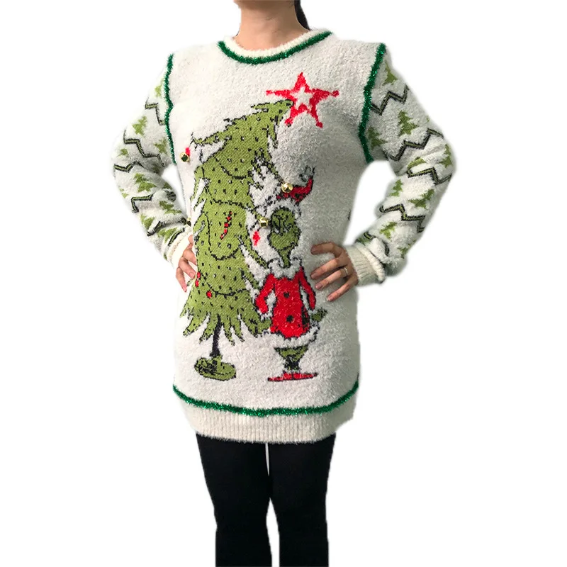 

Europe And America WOMEN'S Dress Christmas Tree Dress Slim Fit Cute Mid-length Pullover Crew Neck Christmas Sweater Sweater Wome