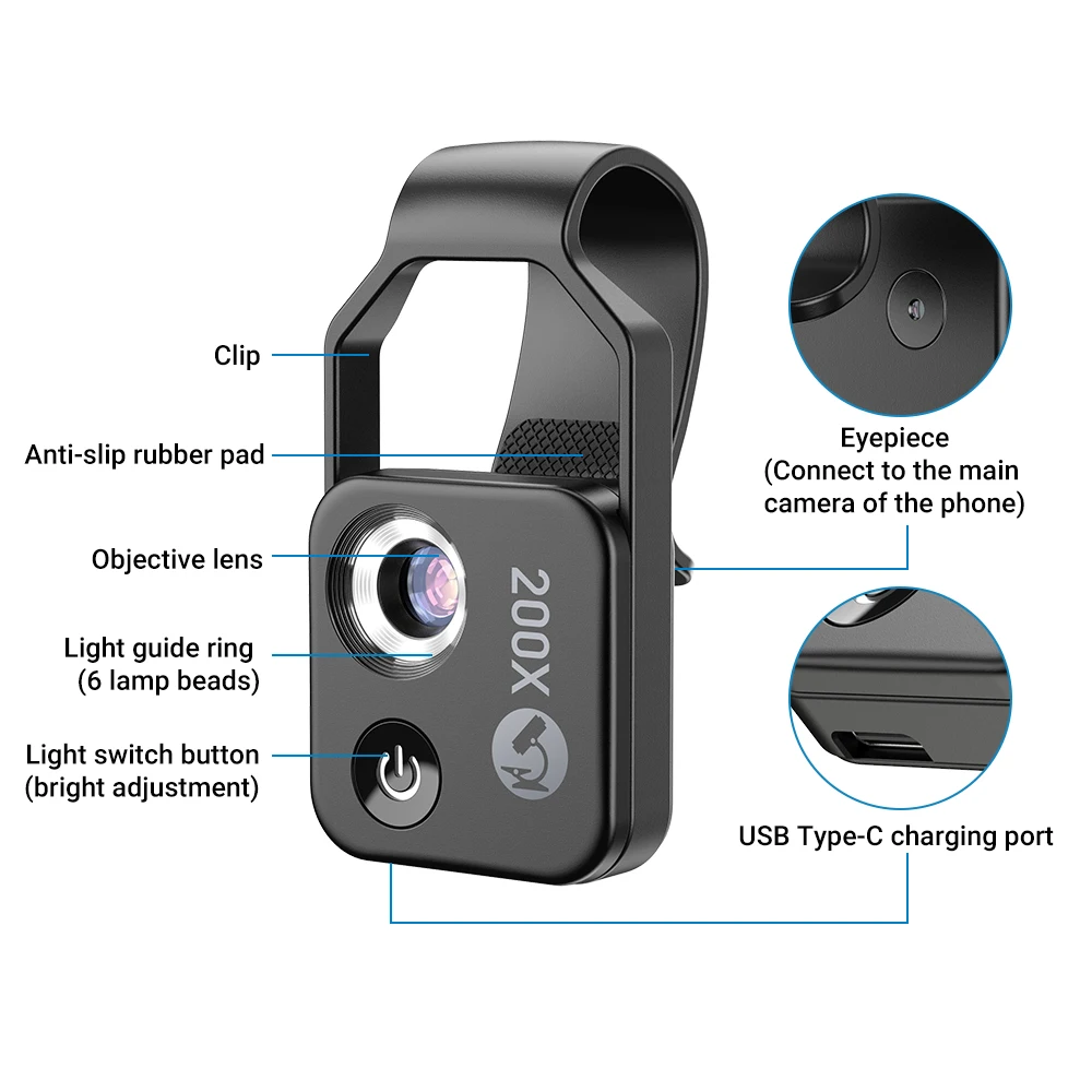 APEXEL 200X Phone Camera Microscope Lens HD Cellphone telescope Lens Portable Digital Microscope Phone Macro Lentes phone microscope lens