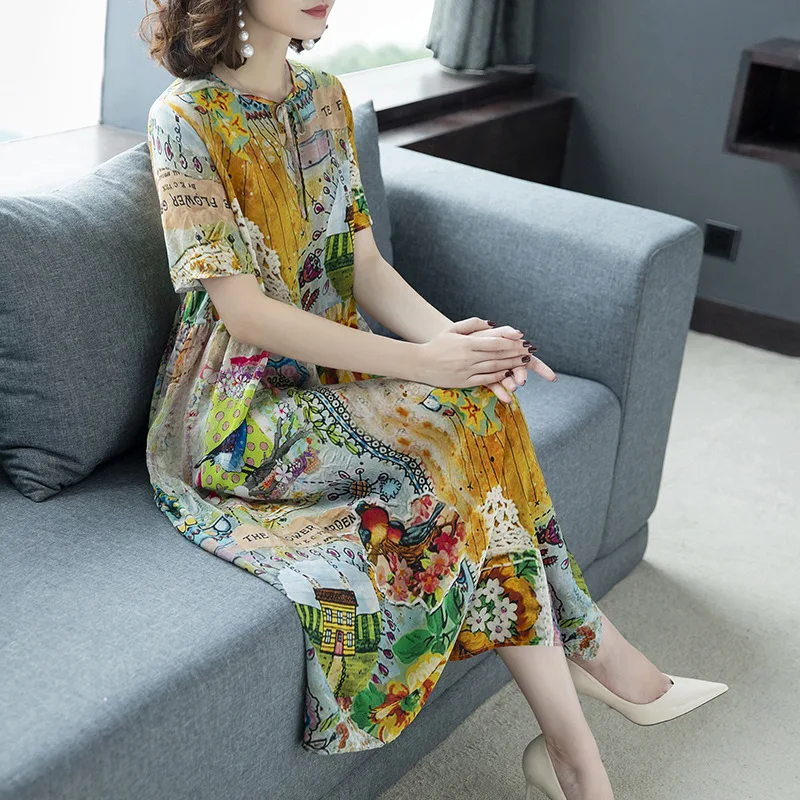 

2019 Summer New Style Floral Real Silk Long Skirts Mid-length Big Hemline Vacation Style Dress Women's